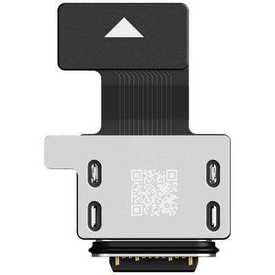 Une pièce métallique avec un code QR et quatre points de fixation par vis. Une flèche pointant vers le haut sur un fond noir.