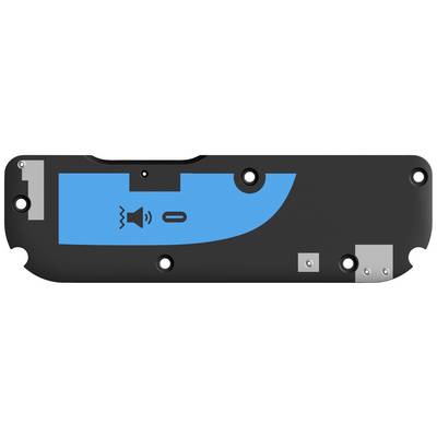 Module haut-parleur portable, vue supérieure, montrant des composants et un symbole de haut-parleur en bleu.