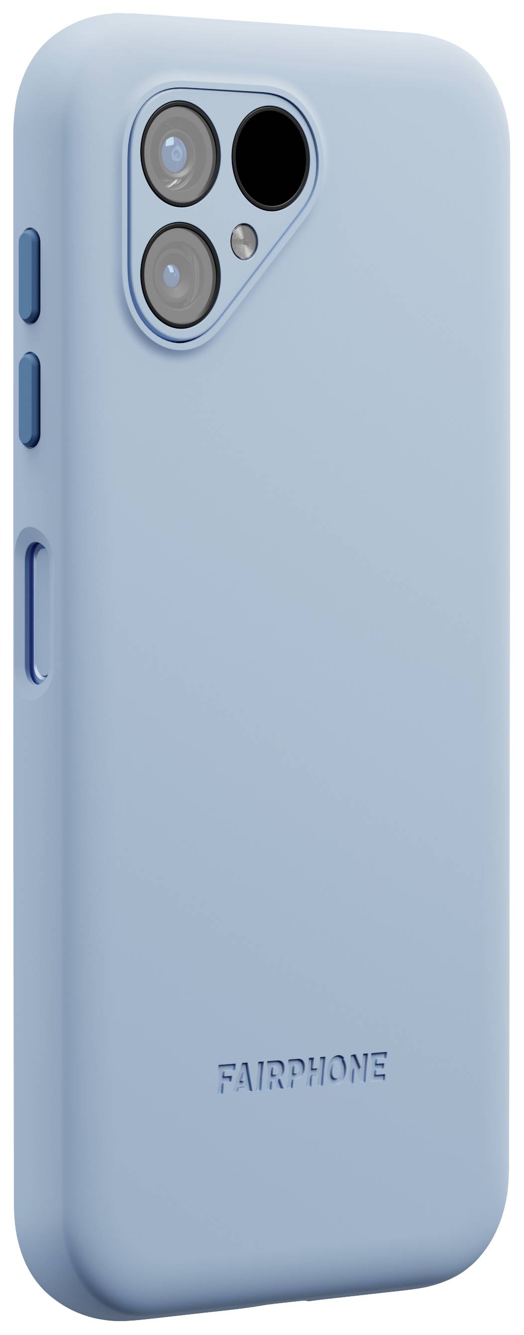 Un téléphone portable bleu clair avec deux caméras et un capteur supplémentaire à l'arrière. En bas est inscrit 'FAIRPHONE'.