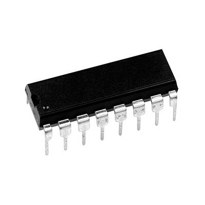 Un circuit intégré noir, rectangulaire, avec des pattes de connexion argentées sur un fond blanc.