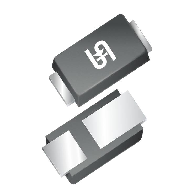 Un composant électronique noir avec un symbole blanc au-dessus. Il a deux bornes métalliques à ses extrémités.