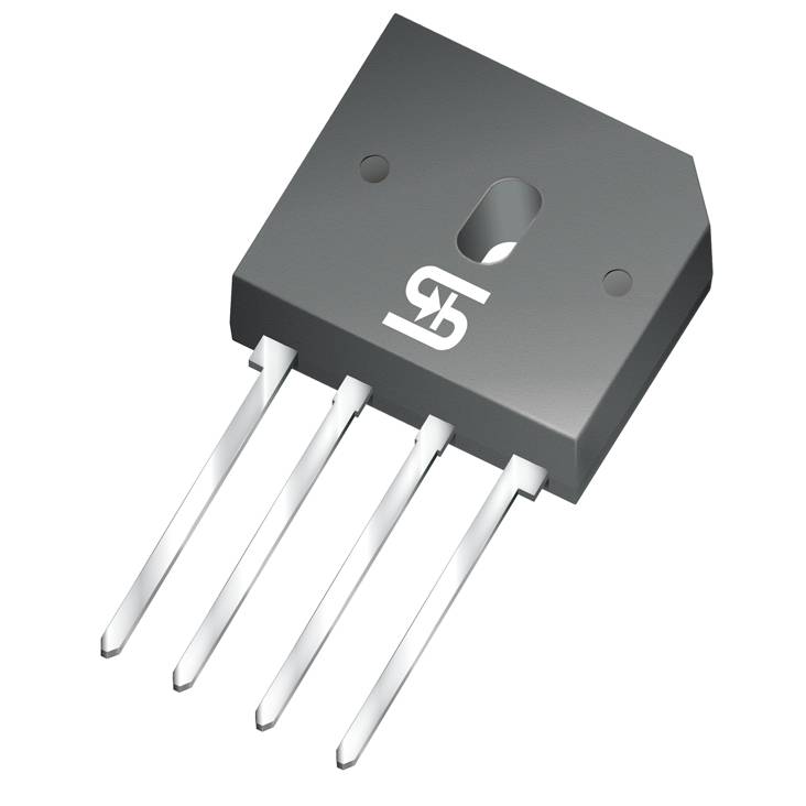 Redresseur de pont gris à quatre bornes et avec un symbole imprimé, composant électronique typique utilisé pour le redressement.