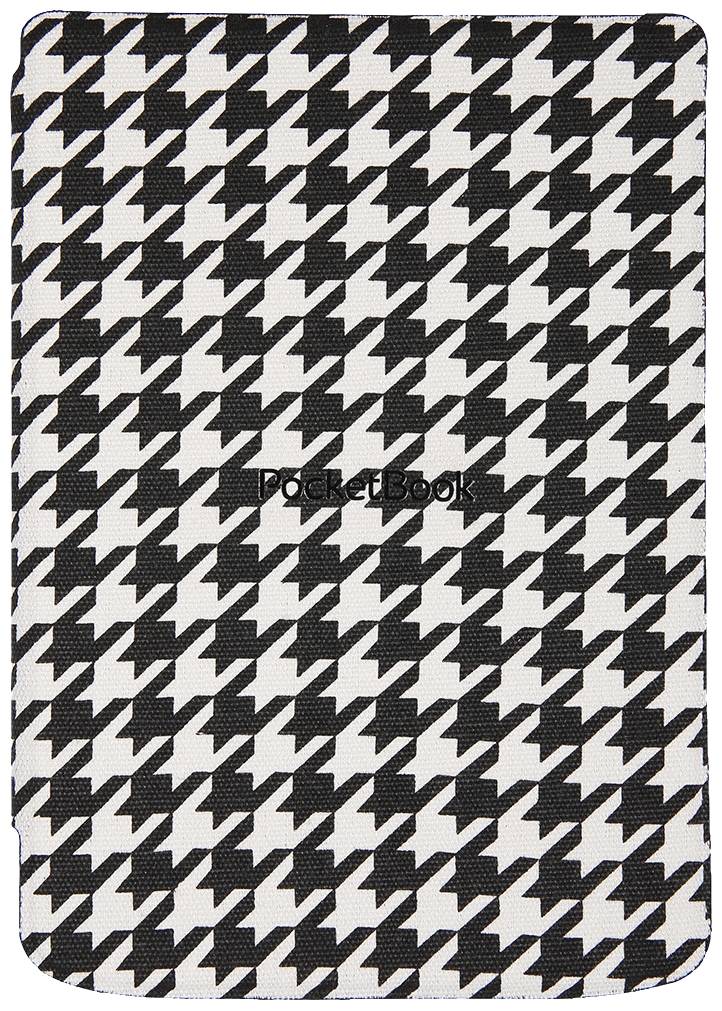 Un motif pied-de-poule noir et blanc recouvre la surface. Le mot 'PocketBook' est placé au centre.