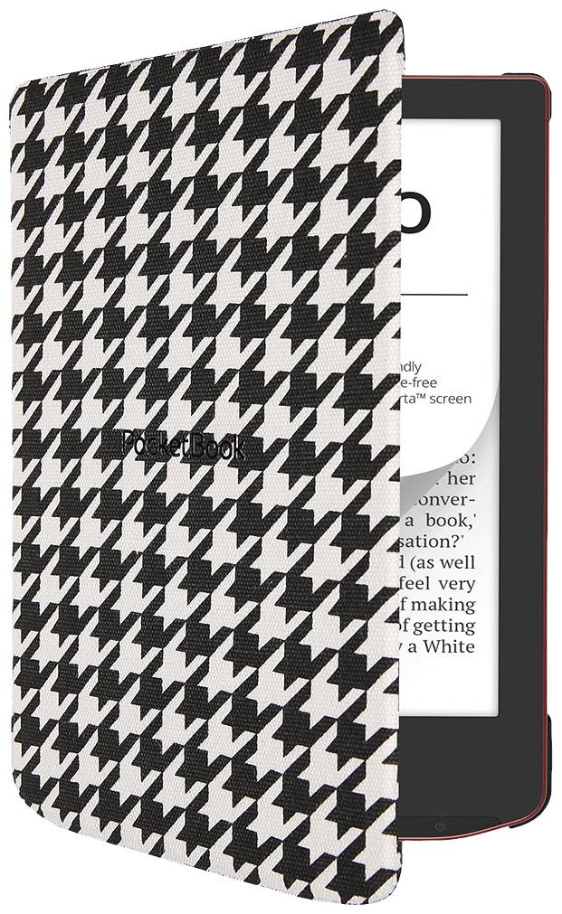 Liseuse électronique avec une couverture au motif géométrique ouverte. L'écran affiche du texte en noir et blanc.