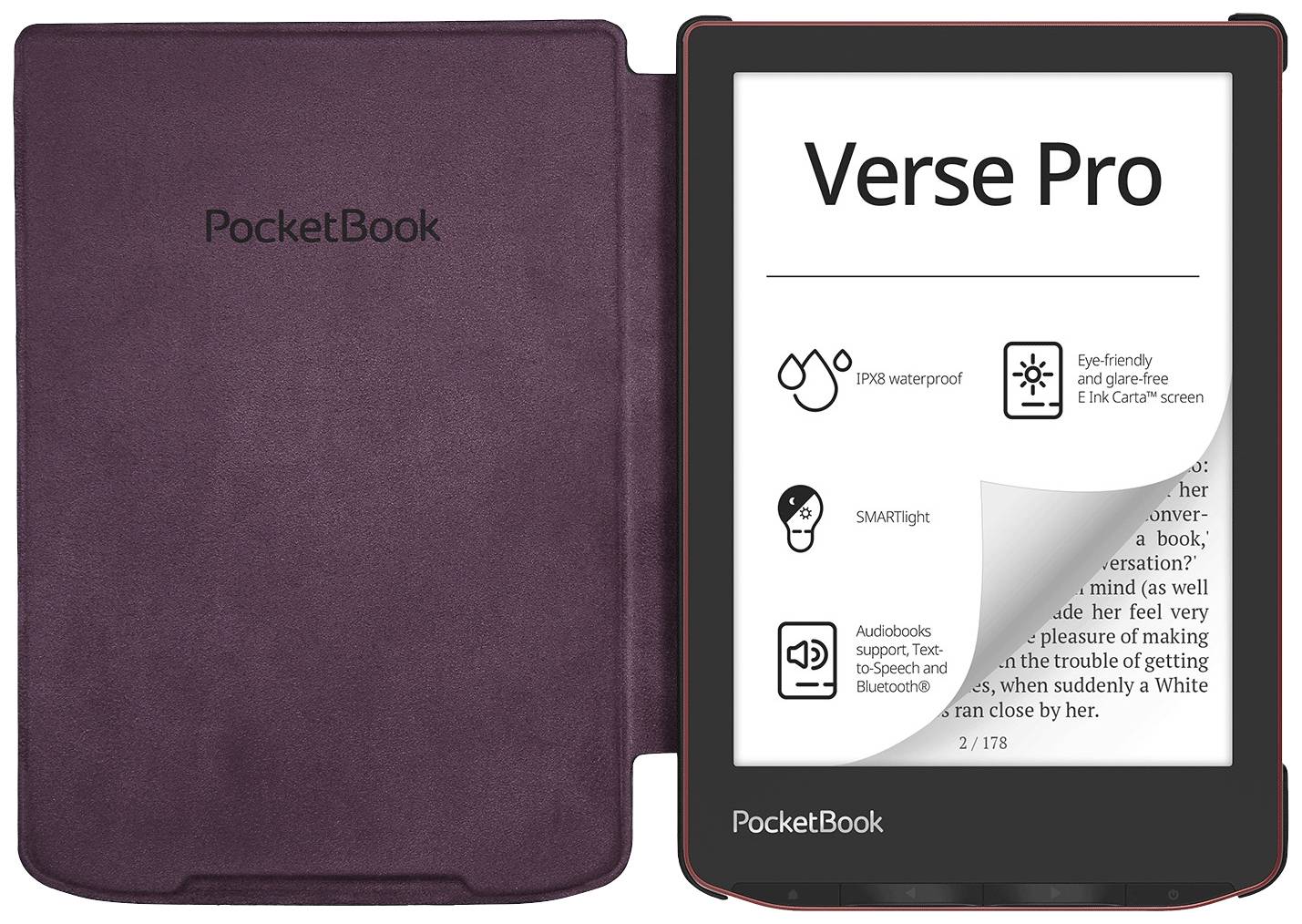 Liseuse 'PocketBook' avec une couverture ouverte de couleur lilas ; affiche la page d'accueil d'un livre sur un écran e-ink.