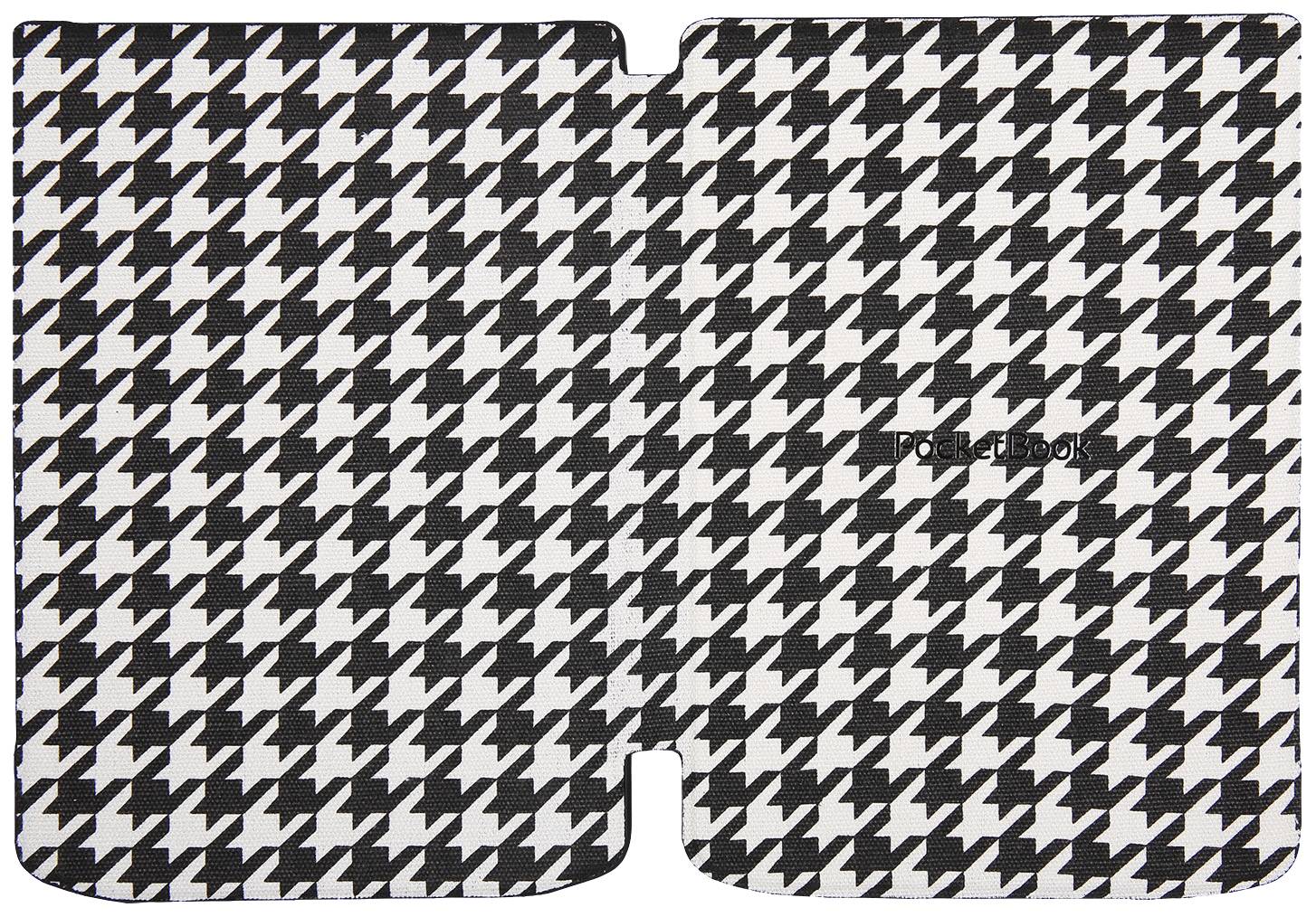 Une couverture en pied-de-poule noir et blanc avec l'inscription 'PocketBook' sur le côté droit.