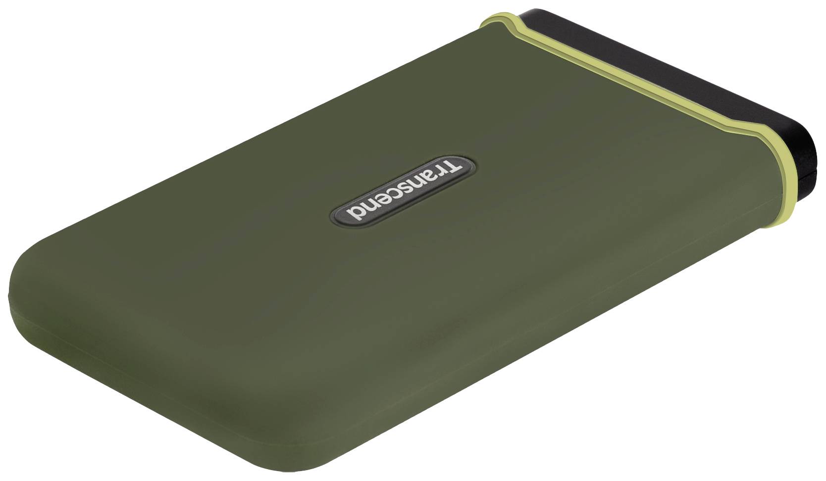 Un disque dur externe portable robuste avec un boîtier vert et un bord noir, adapté à la sauvegarde et au stockage de données en déplacement.