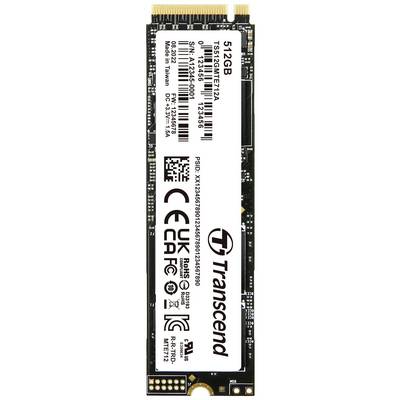 Une SSD Transcend de 512 Go avec des informations techniques et un numéro de série sur un fond blanc.