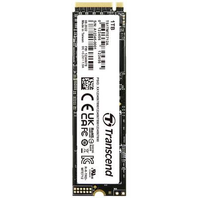 SSD NVMe 'Transcend' de 1 To ; Modèle TS1TMTE12A. Affiche les spécifications techniques et le numéro de série sur une étiquette blanche.