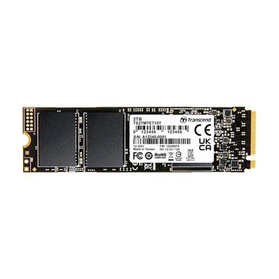 Un disque SSD Transcend d'une capacité de 2 To, numéro de modèle TSMTMTE710T, affiche divers logos de certification et des détails techniques sur l'étiquette.