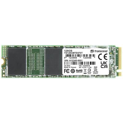 'Transcend M.2 SSD, 128Go de capacité, numéro de modèle TS128GMTE670T, fabriqué à Taïwan, date 04.2022, diverses certifications techniques.'
