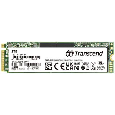 Un SSD Transcend de 2 To, modèle TS2TMTE662A. Sont imprimés le numéro de série, la date de fabrication, les certificats de sécurité et les logos.