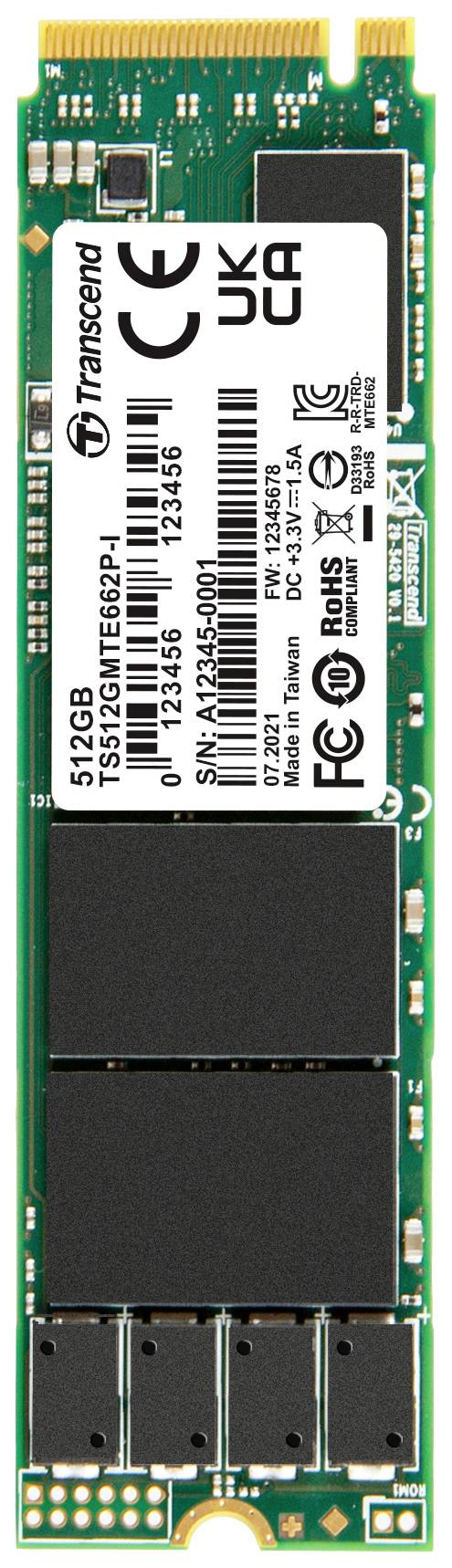 Une SSD M.2 verte de 'Transcend' portant l'inscription '512Go'. Plusieurs puces de mémoire noires et des marquages sont visibles.