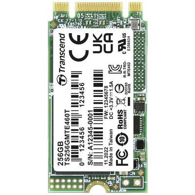Une carte SSD Transcend de 256 Go, numéro de modèle TS256GMTE460T. Elle présente divers signes de certification et numéros de série.