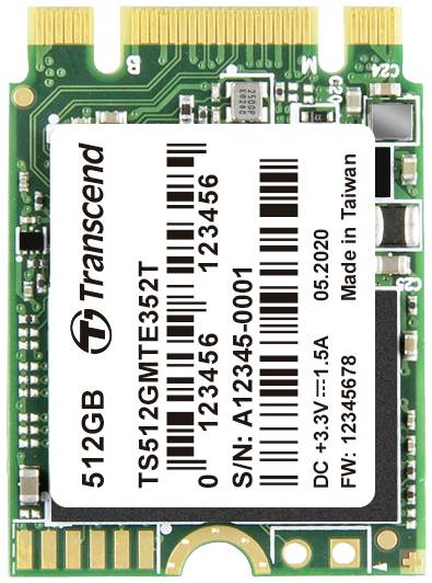 Carte mémoire 'Transcend', 512 Go, modèle TS512GMTE352T, affichant des détails techniques tels que le numéro de série et la date de production, mai 2020.