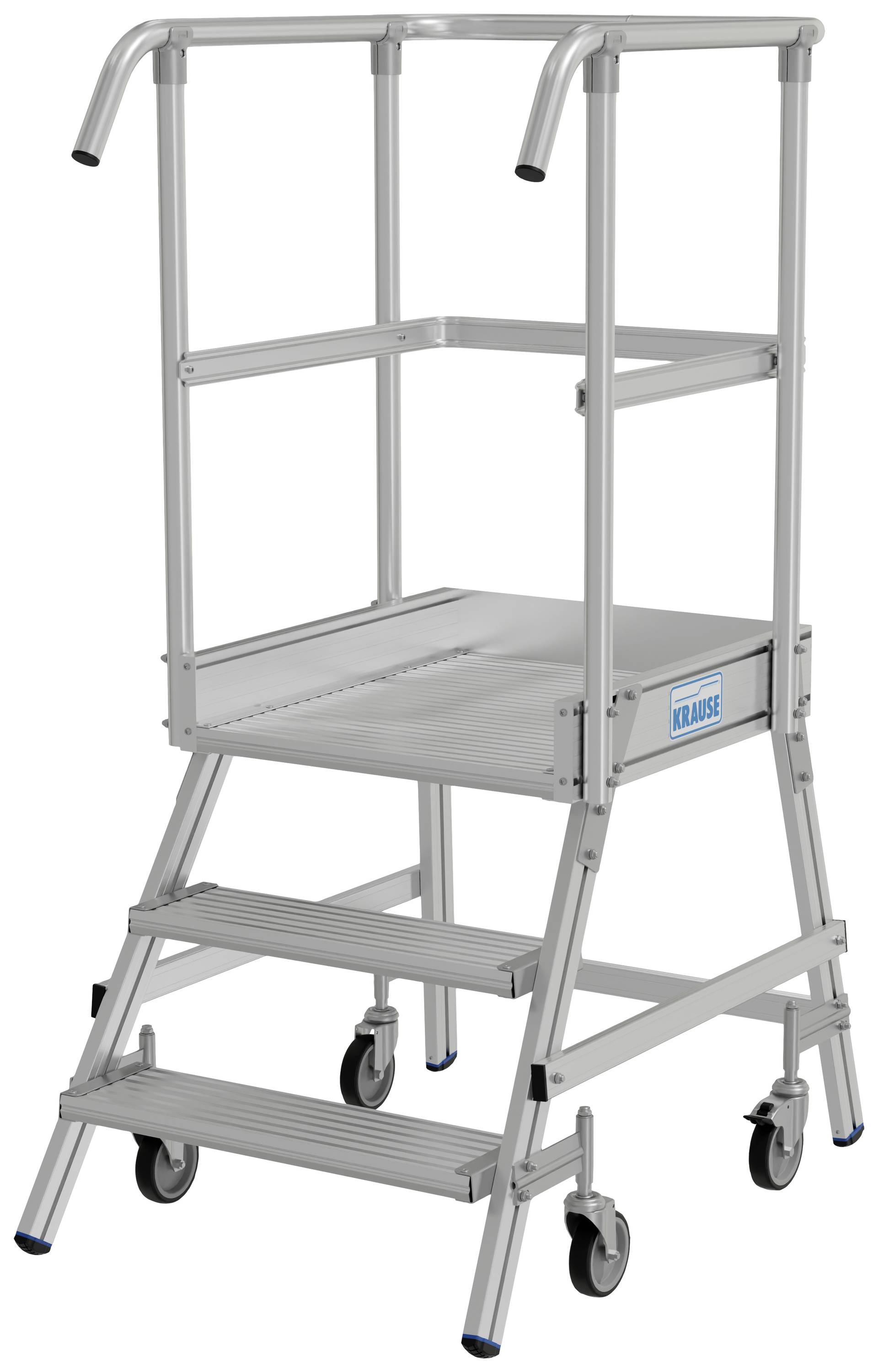 Un escabeau mobile en aluminium avec deux marches et une plateforme, muni de poignées en haut et de roulettes en bas, conçu pour atteindre en toute sécurité des zones surélevées.