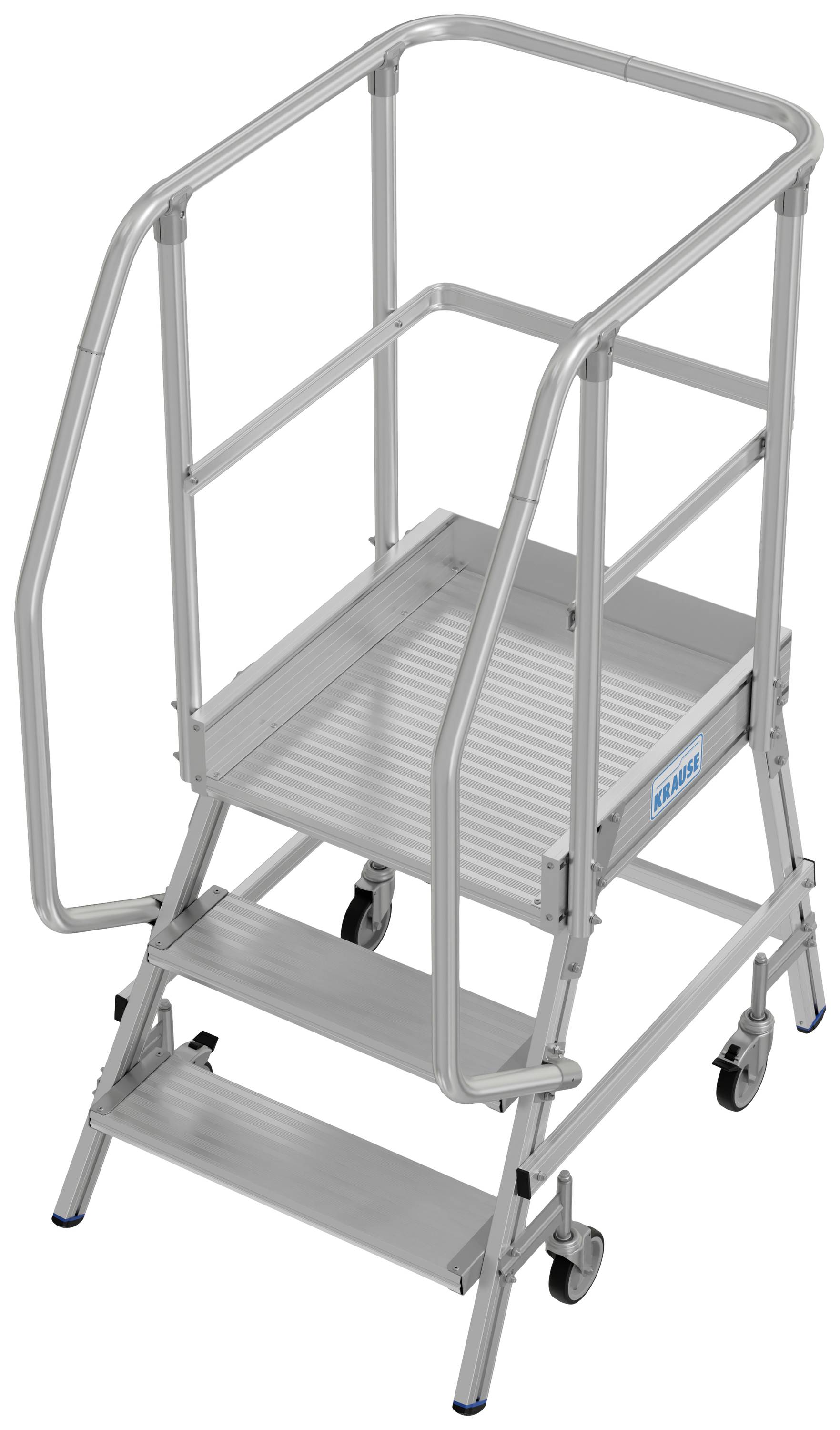 Une échelle mobile à deux marches en argent, avec rampe et roulettes, adaptée pour un accès sûr aux zones de travail surélevées.