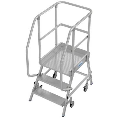 Une échelle mobile à deux marches en argent, avec rampe et roulettes, adaptée pour un accès sûr aux zones de travail surélevées.