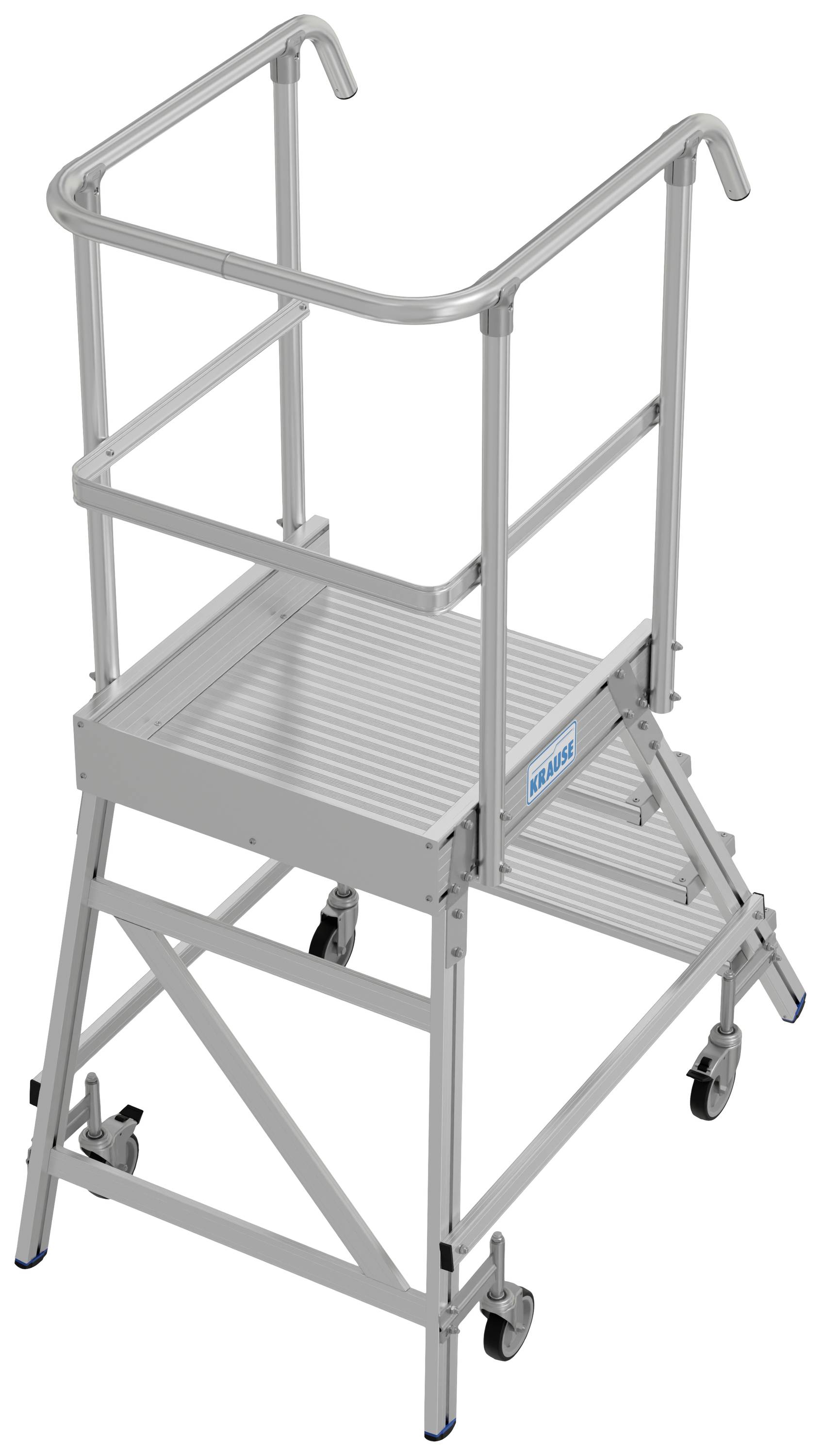 Une échelle mobile en argent avec quatre roulettes et une rampe de sécurité. Idéale pour les travaux en hauteur et facilement maniable.