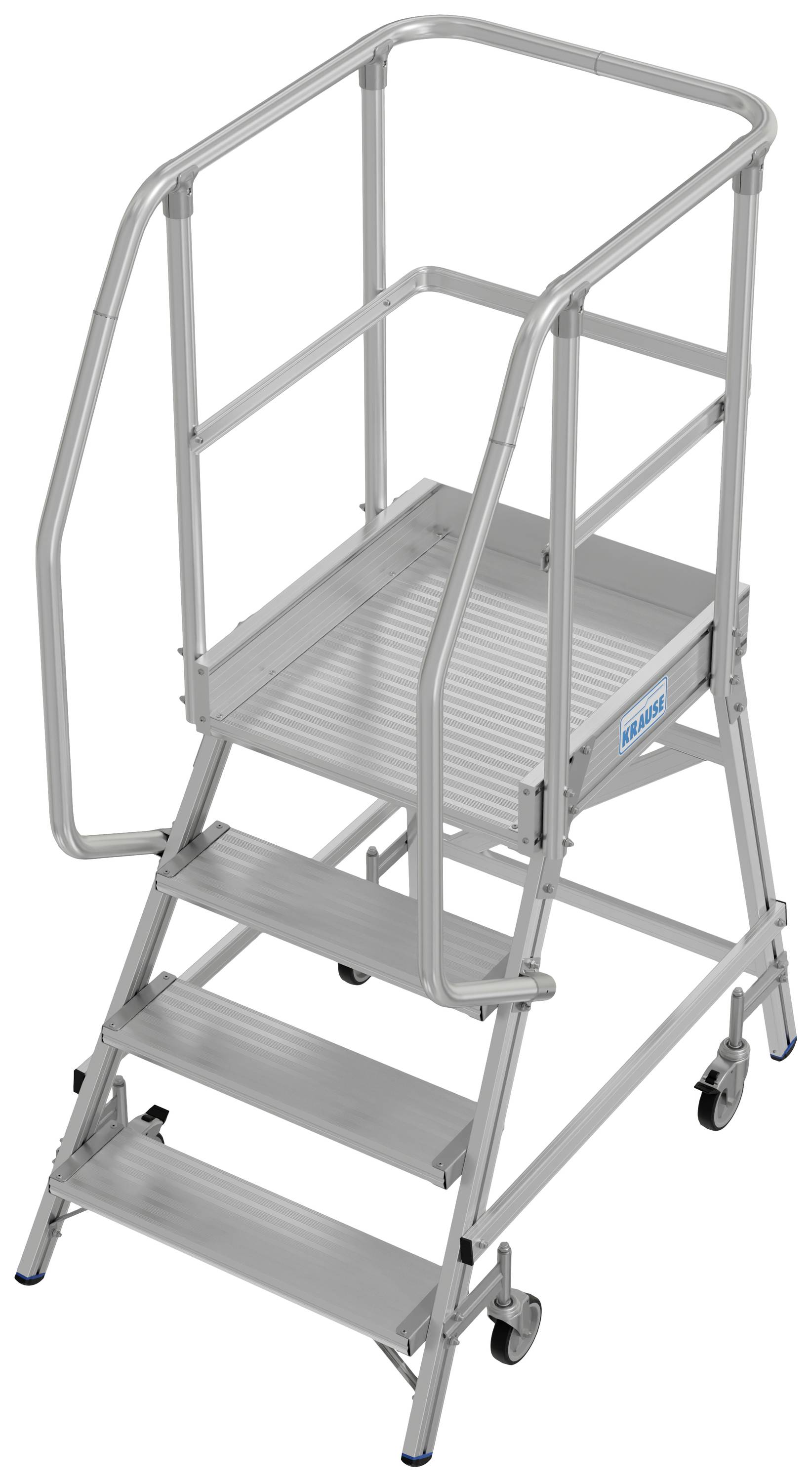 Un escalier industriel mobile en argent à cinq marches et avec des mains courantes, monté sur roulettes. Adapté pour les zones de travail en hauteur.