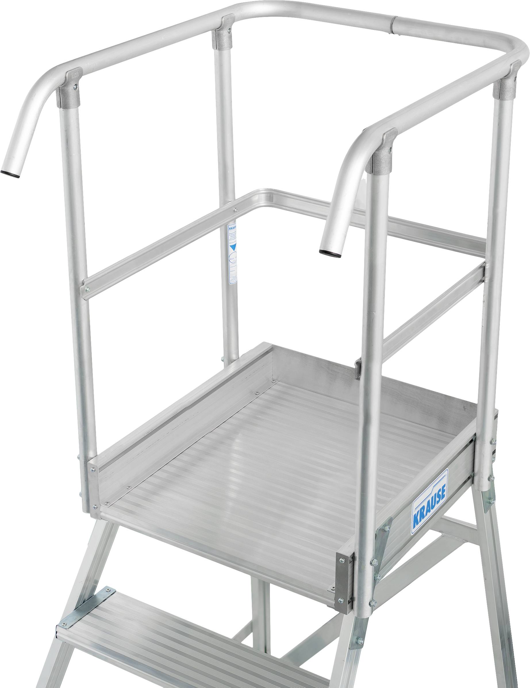 Échelle à plateforme avec rampe, adaptée aux travaux en hauteur. Construction robuste garantissant la sécurité et la stabilité.