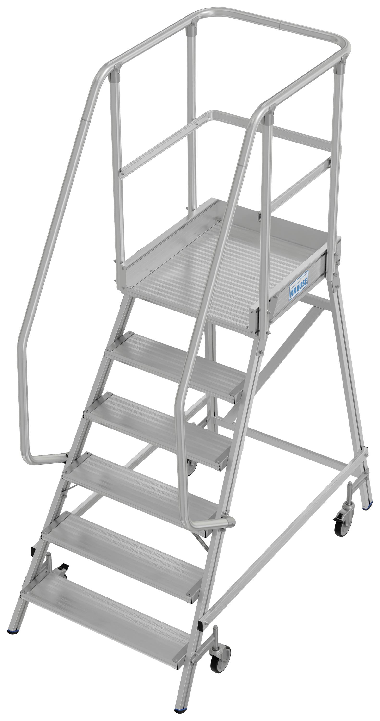 'Échelle en aluminium à six marches, avec rampe et roulettes, adaptée aux travaux en hauteur en toute sécurité.'