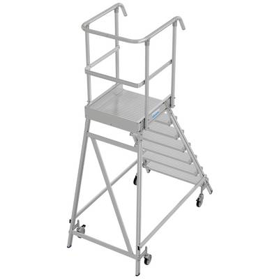Échelle avec plateforme de sécurité et garde-corps, idéale pour les travaux en hauteur. Pliable, avec des roues mobiles pour un positionnement facile.
