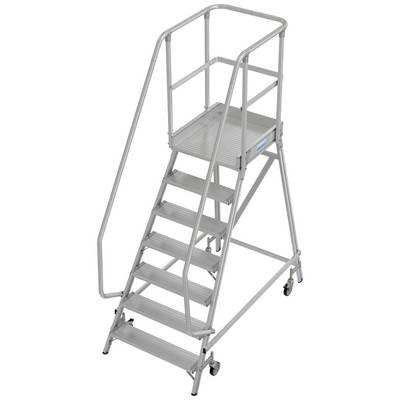 Échelle en aluminium à huit marches avec main courante. Une plateforme avec garde-corps se trouve en haut. Des roues sur les côtés pour la mobilité.