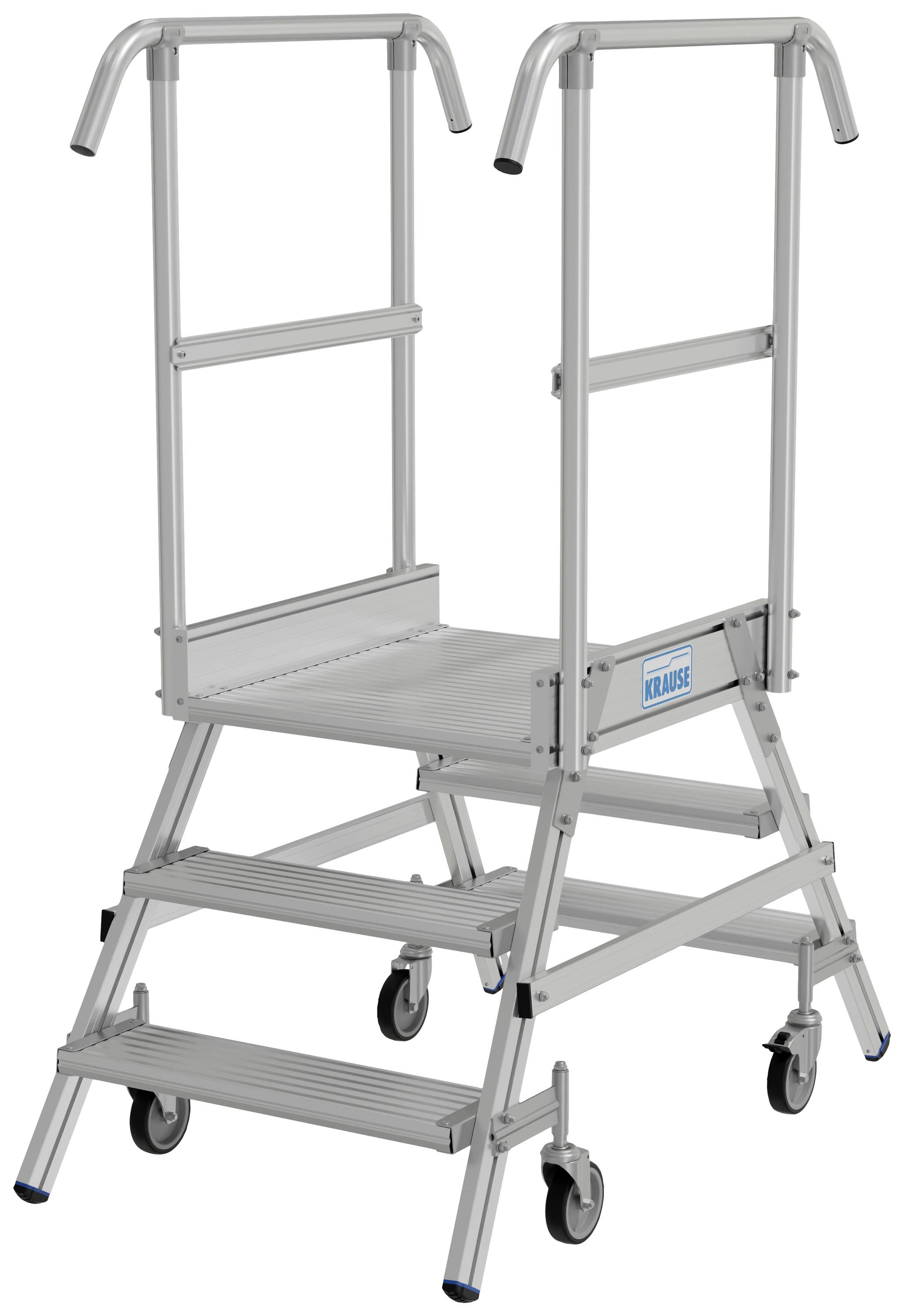 Un escabeau mobile en métal à trois marches, monté sur roulettes et équipé de poignées latérales pour une prise en main sécurisée. Adapté pour une utilisation dans les entrepôts ou les ateliers.