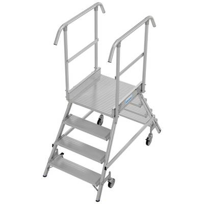 Échelle mobile en aluminium à quatre marches, avec des rampes des deux côtés, montée sur roulettes pour une mobilité facile.