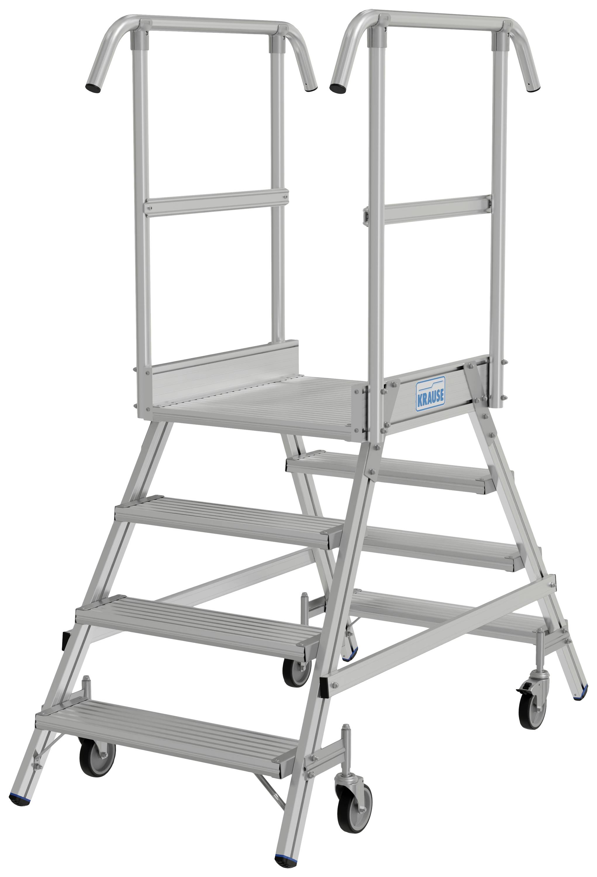 Échelle de podium en aluminium à quatre marches avec mains courantes, design robuste équipée de roulettes pour un déplacement facile, adaptée aux applications industrielles.