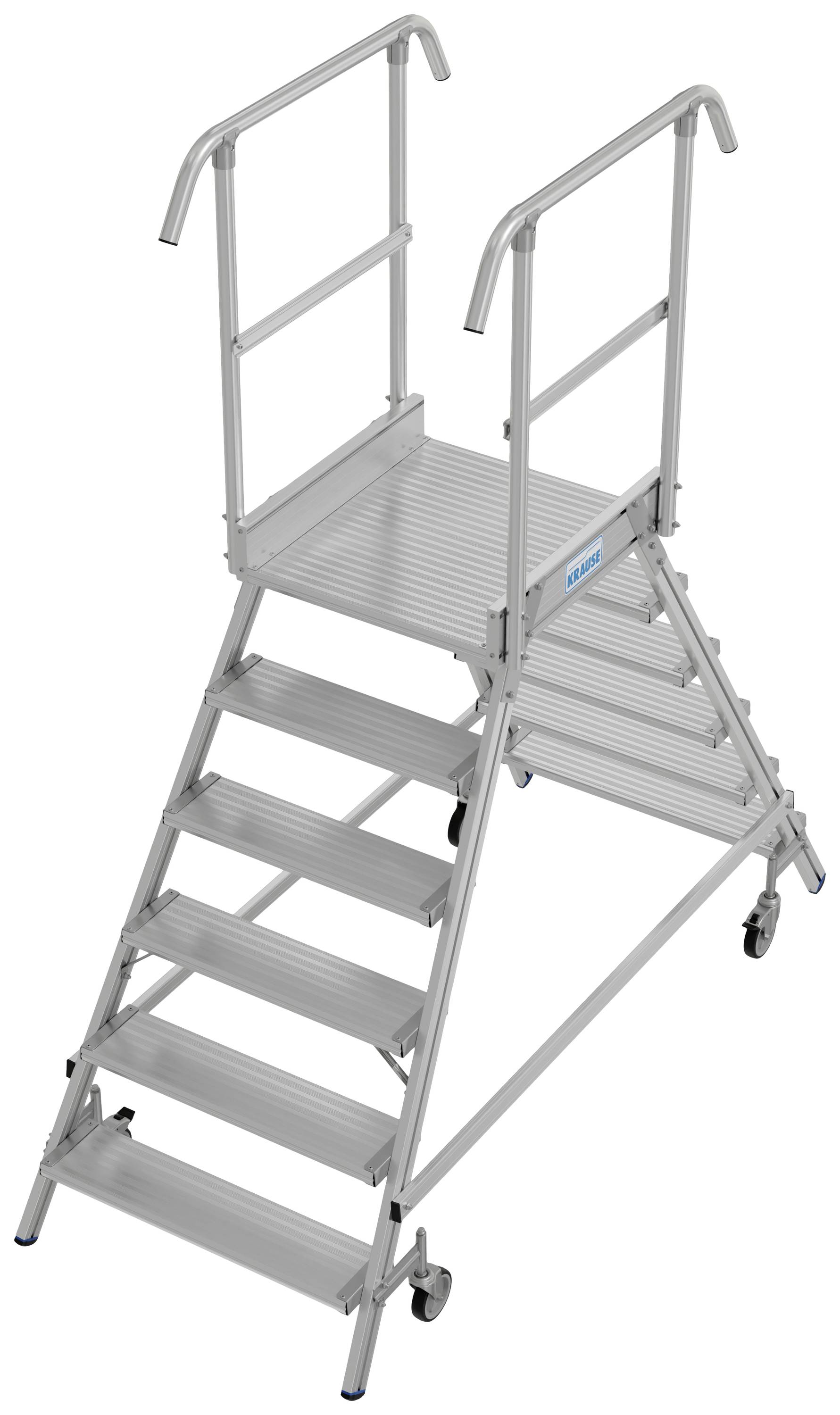 Échelle mobile en argent à six marches avec des garde-corps des deux côtés, adaptée aux travaux en hauteur en toute sécurité.