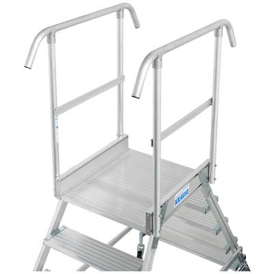 Échelle en aluminium avec plateforme et garde-corps pour une sécurité renforcée. Adaptée aux travaux en hauteur.