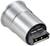 Un adaptateur métallique cylindrique argenté avec une fiche de connexion rectangulaire, utilisé pour des connexions électroniques.