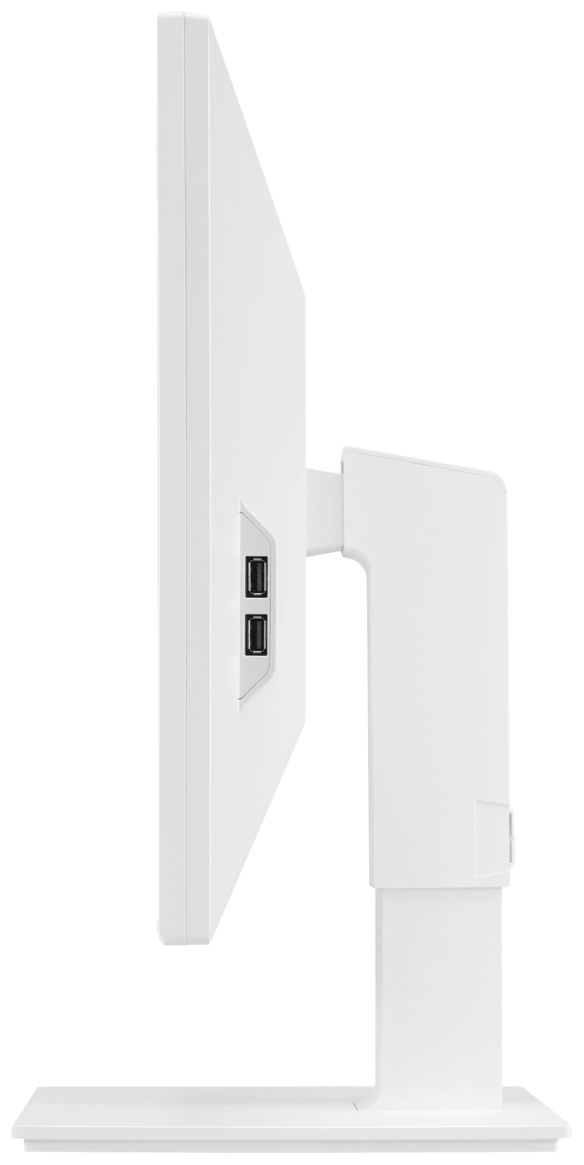 Un moniteur d'ordinateur blanc vu de côté, montrant deux ports USB sur le côté gauche de l'écran.
