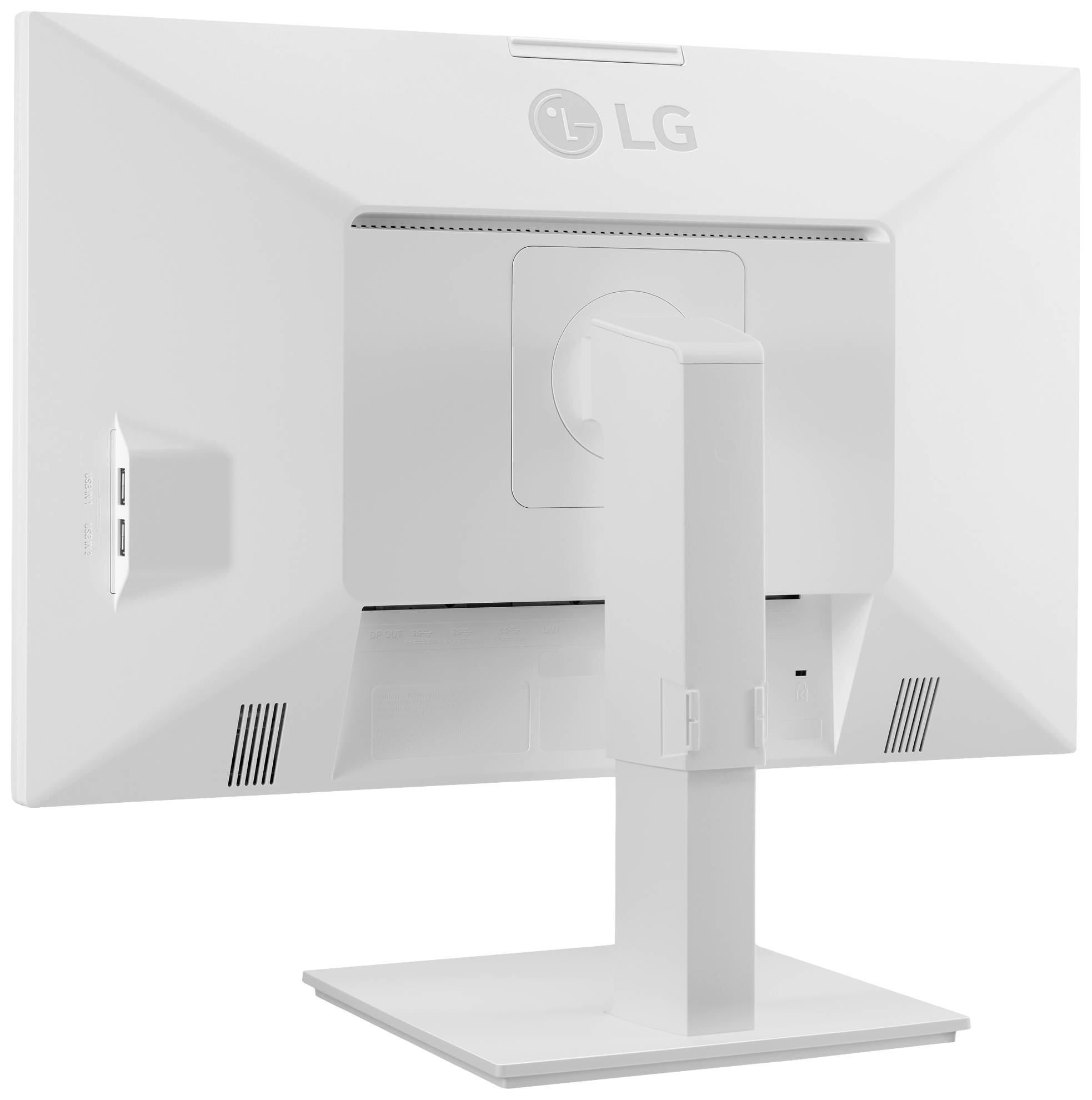 Moniteur LG, vue arrière ; montre le socle et les fentes de ventilation.
