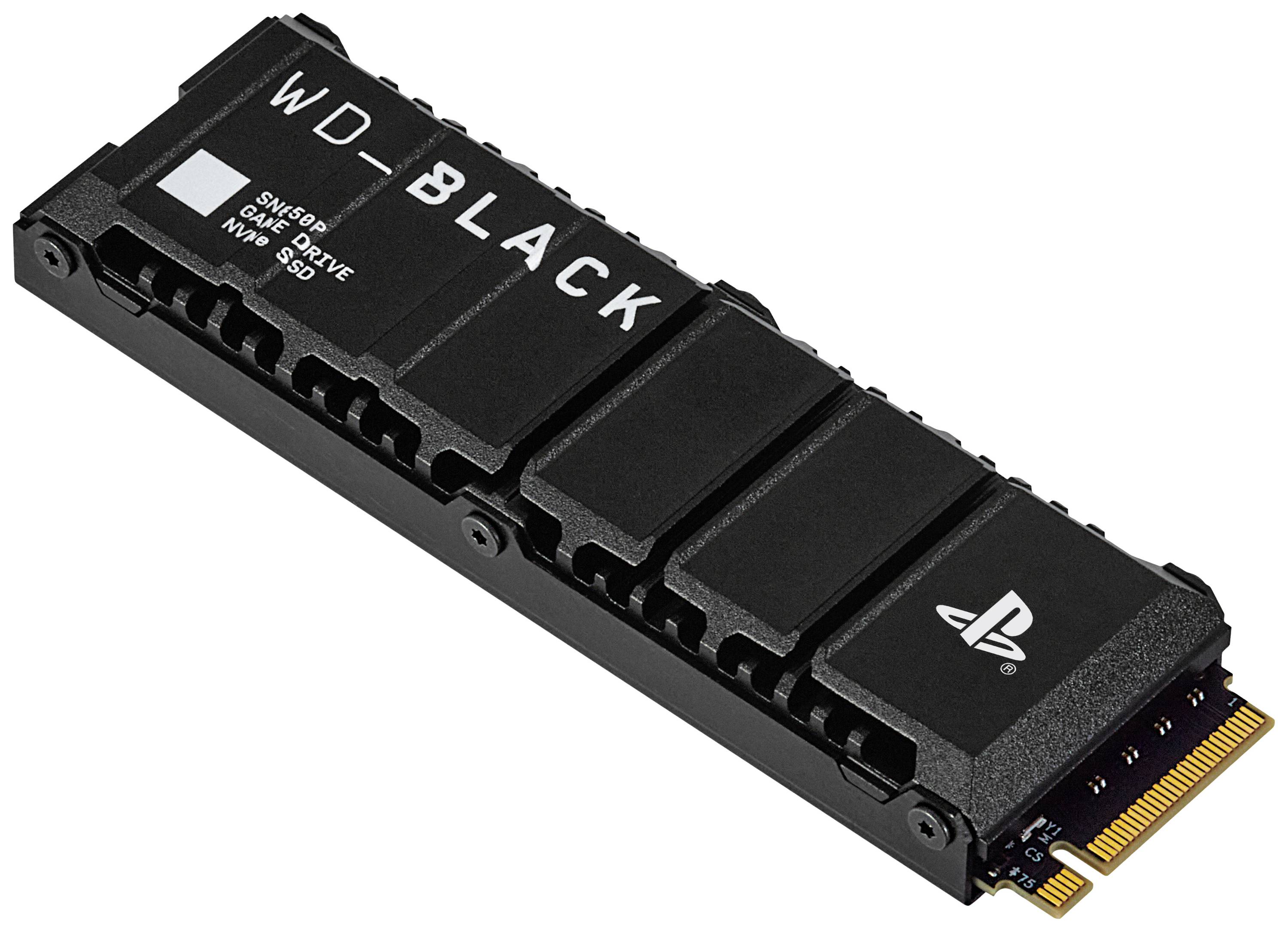 SSD WD_BLACK SN850 NVMe avec logo PlayStation, adapté à l'extension de stockage de console. Périphérique de stockage rectangulaire noir.