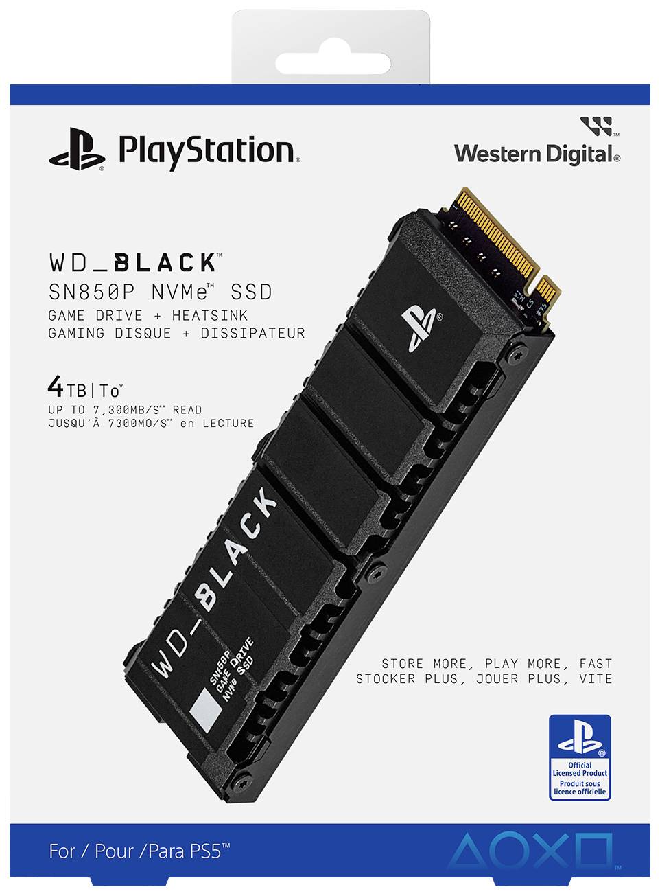 SSD WD_BLACK SN850P NVMe pour PS5, capacité de stockage de 4 To. Optimisé pour le gaming avec dissipateur thermique pour des performances rapides et stables.
