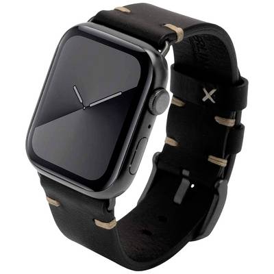 Montre connectée noire avec bracelet en cuir brun foncé et cadran minimaliste présentant deux aiguilles argentées sur un fond noir.