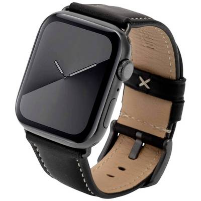 Montre connectée noire avec écran rectangulaire et bracelet en cuir, design élégant. Affiche l'heure analogique.