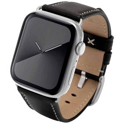 Montre intelligente noire avec bracelet en cuir et boîtier argenté, affichant l'heure analogique sur l'écran.