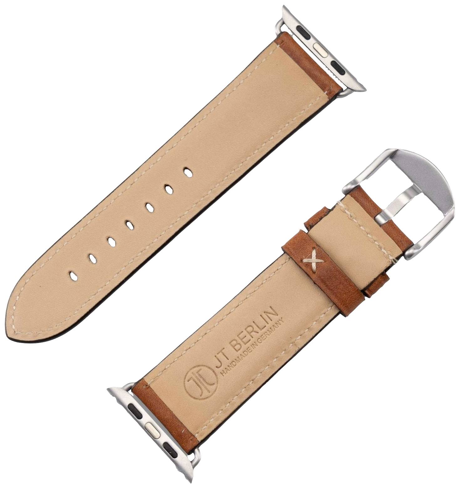 Bracelet en cuir beige et marron pour smartwatches, avec fermoir métallique et logo 'JT Berlin' gravé, montré de dessus et de dessous.