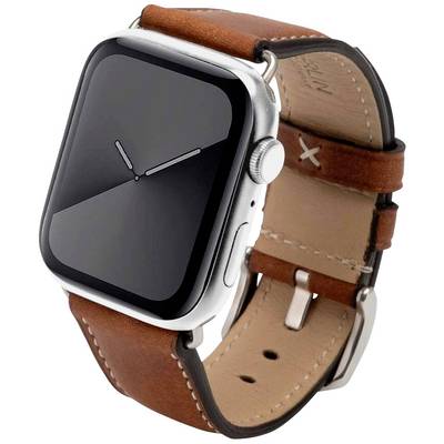 Une montre connectée avec un boîtier argenté et un bracelet en cuir marron, dont le cadran indique deux heures.