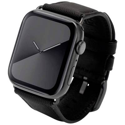 Une montre connectée noire avec un écran sombre et un bracelet en cuir, des boutons latéraux visibles, aucune information n'est affichée sur l'écran.