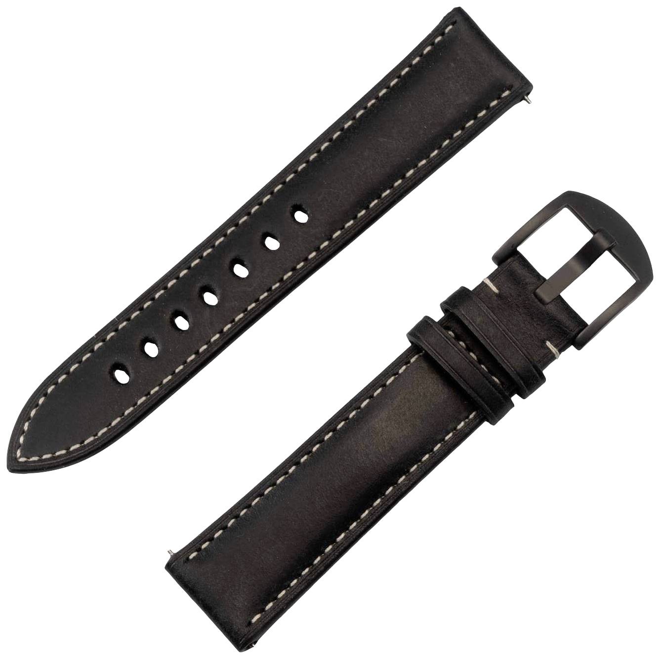 Bracelet de montre en cuir noir, en deux parties avec couture blanche, boucle à droite, côté à œillets à gauche.