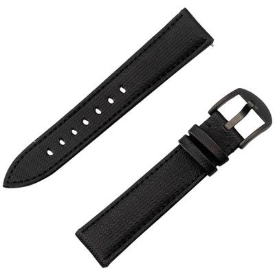 Bracelet de montre noir en tissu avec boucle métallique et plusieurs trous pour ajuster la longueur, présenté séparément.