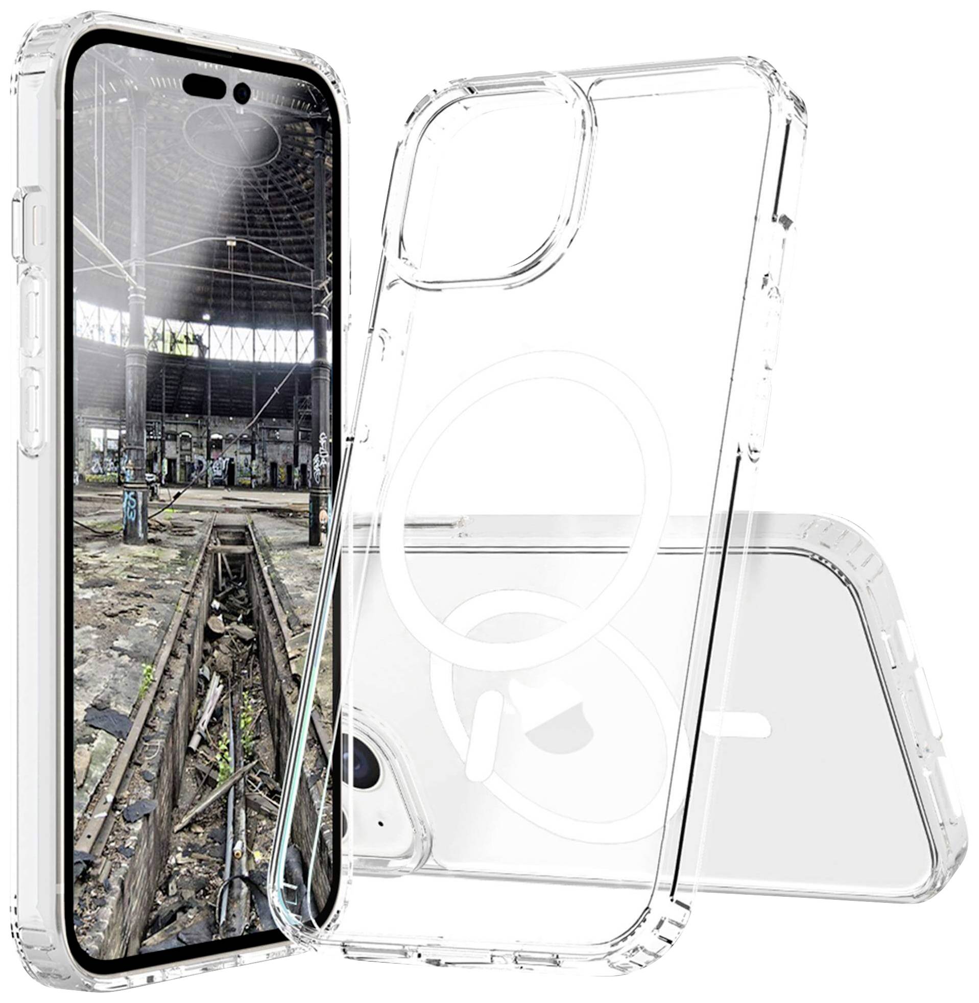 Une coque transparente entourant un smartphone affiche l'image d'un entrepôt industriel abandonné sur l'écran.