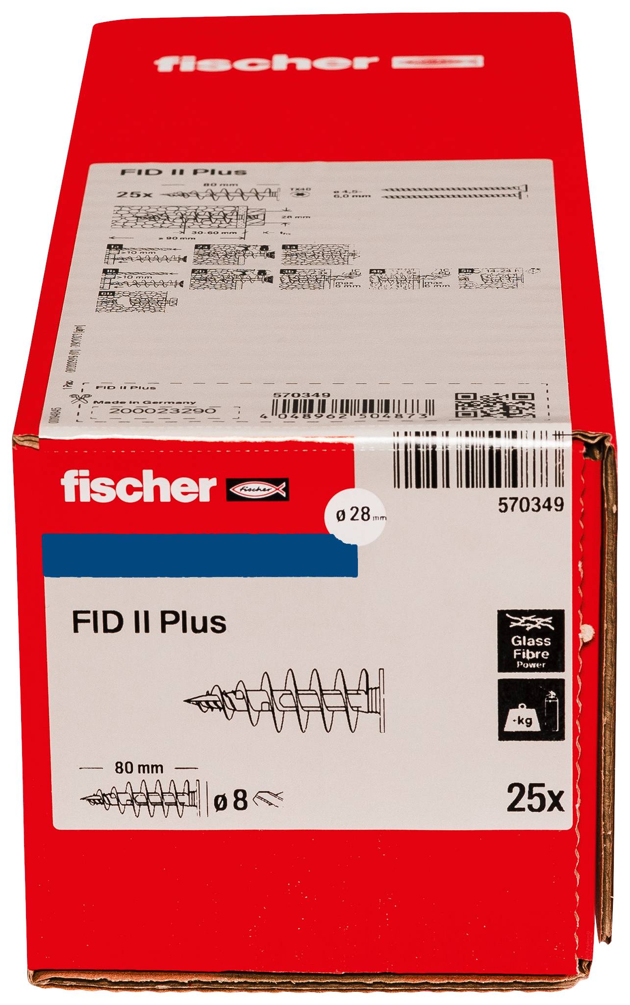 Boîte de chevilles murales Red Fischer FID II Plus, étiquetée « FID II Plus » et « 25x », présentant une illustration de cheville à vis et une icône « fibre de verre ».