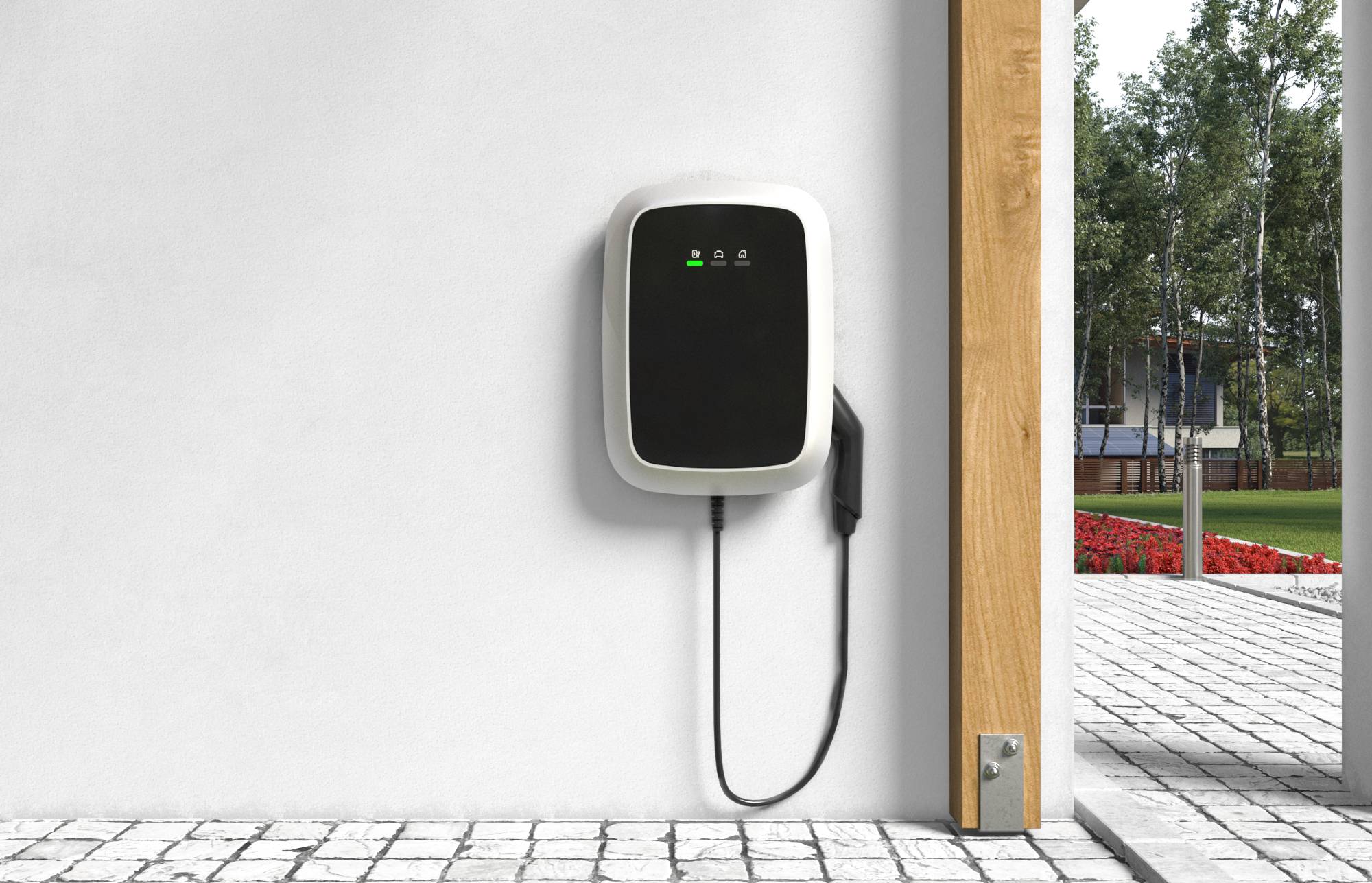 Station de recharge pour véhicules électriques montée au mur avec un câble connecté à côté d'une porte, montée à l'extérieur dans un cadre moderne et épuré.