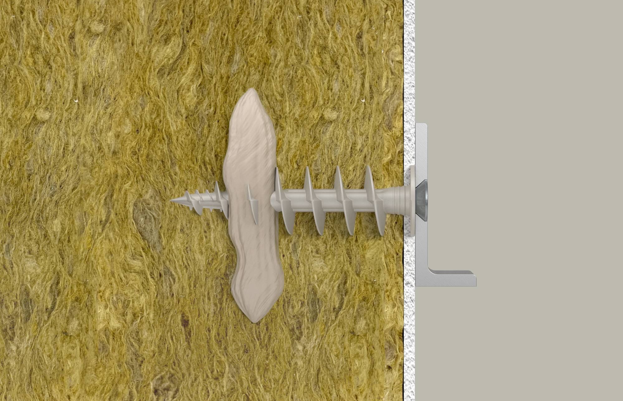 Gros plan d'une vis d'ancrage murale assurant l'isolation ou le placoplâtre, avec la fixation enfoncée dans une surface jaune texturée et un support sur la droite.